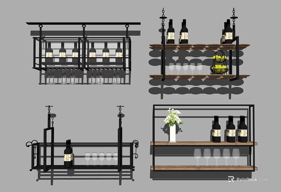Modern Wine Cabinet Design With Hanging Glasses And Wine Bottles On Shelves 3d model 