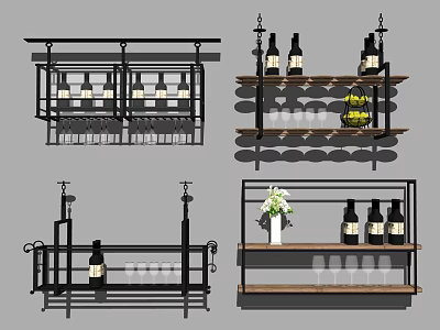 Modern Wine Cabinet Design With Hanging Glasses And Wine Bottles On Shelves 3d model