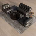 Black Leather Sofa and Coffee Table Set with Round Table Side Table on Gray Rug Light Floor 3d model