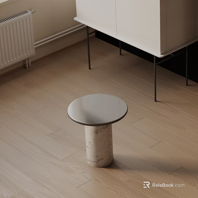 Modern Minimalist Side Table With Round Top And Marble Base On Wooden Floor 3d model 