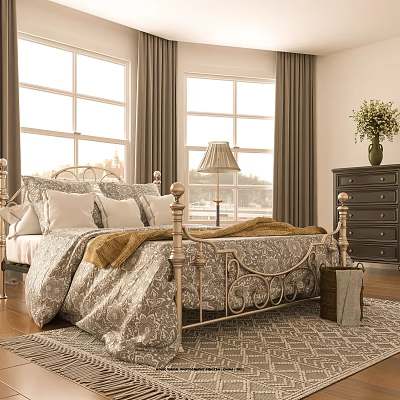 Elegant Bedroom Interior With Brass Bed Frame Gray Curtains Dark Dresser And Vase With Flowers 3d model