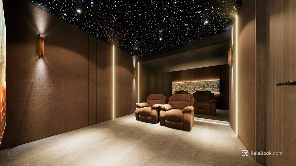 Modern Home Theater With Starry Ceiling Brown Sofas And Lighting Design 3d model 