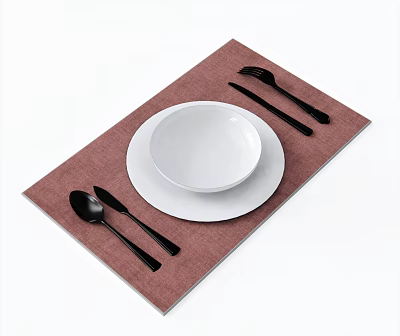 Elegant Tableware Set With Pink Placemat White Bowl Plate And Black Cutlery 3d model