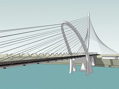 Modern Cable Stayed Bridge Design With Arched Pylon Multiple Cables Spanning Calm Water 3d model