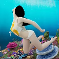 Game Movie Character in Yellow Swimsuit Leaping Backward in Underwater Scene with Coral and Jellyfish