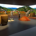 Traditional Brewing Scene With Workers Using Pottery Jars Against Lush Mountain Landscape