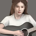 A Woman sitting on wooden chair playing acoustic guitar wearing white T-shirt and blue jeans