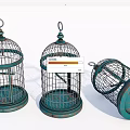 Three Vintage Teal Metal Bird Cages Decorative Ornament Set Standing And Lying