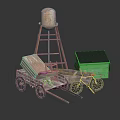 Vintage Water Tower With Metal Frame And Wooden Wheelbarrow Near Green Box