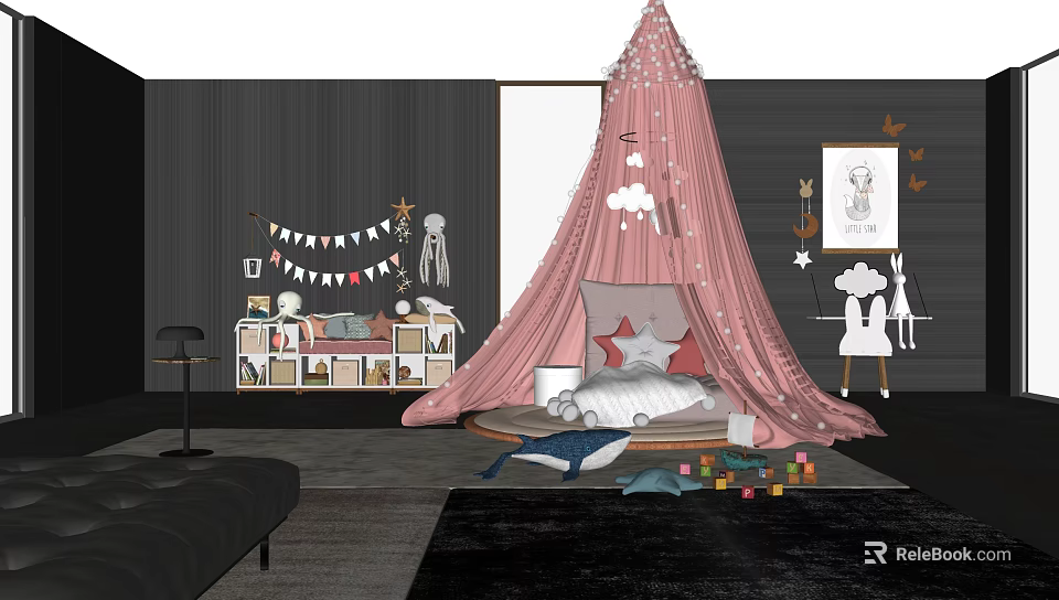 Kids Table with Pink Canopy Bunting Flags and Toys in Children Play Room 3d model 