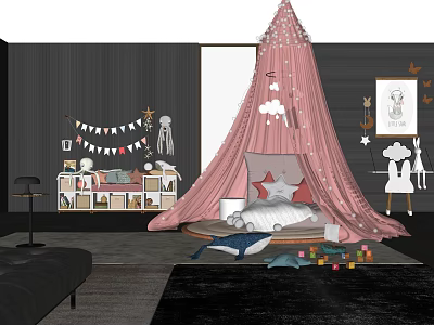 Kids Table with Pink Canopy Bunting Flags and Toys in Children Play Room 3d model