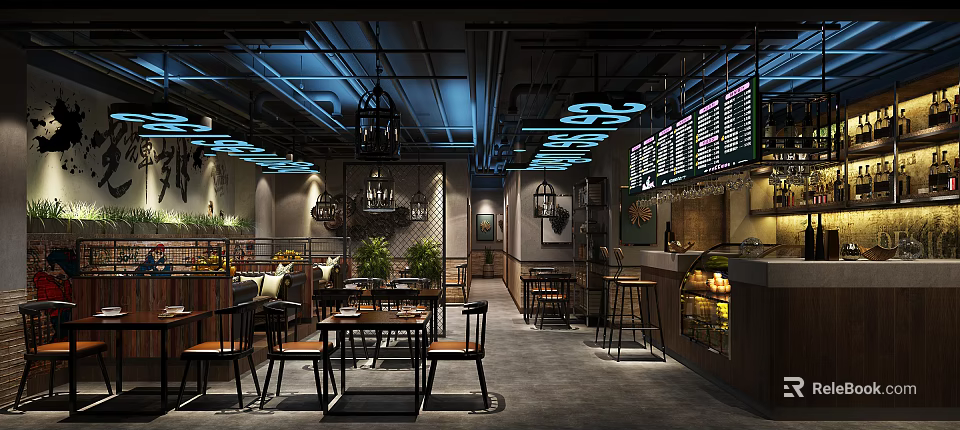 Modern Industrial Restaurant Interior With Hanging Lamps Dining Tables And Menu Boards 3d model 
