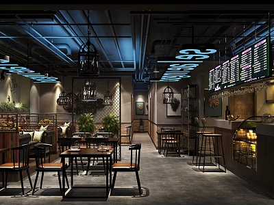 Modern Industrial Restaurant Interior With Hanging Lamps Dining Tables And Menu Boards 3d model