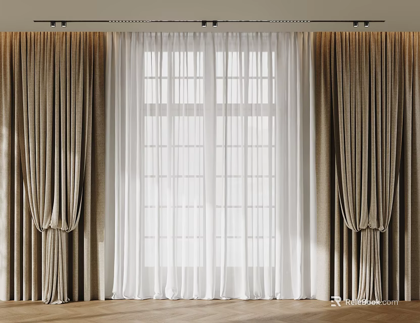 Beige Curtains With White Sheer Panels For Elegant Window Room Interior 3d model 