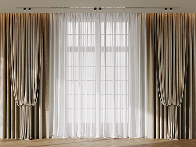 Beige Curtains With White Sheer Panels For Elegant Window Room Interior 3d model