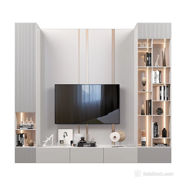 Modern TV Wall Design With Display Shelves White Cabinet Lighting And Decorative Items 3d model 