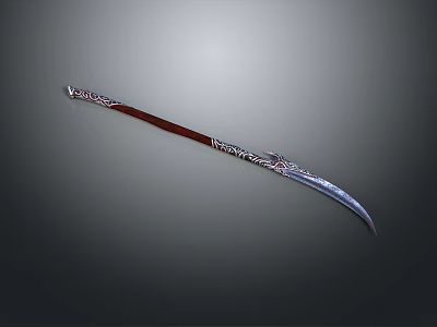 Curved Decorative Sword with Red Handle and Silver Blade Featuring Intricate Patterns 3d model