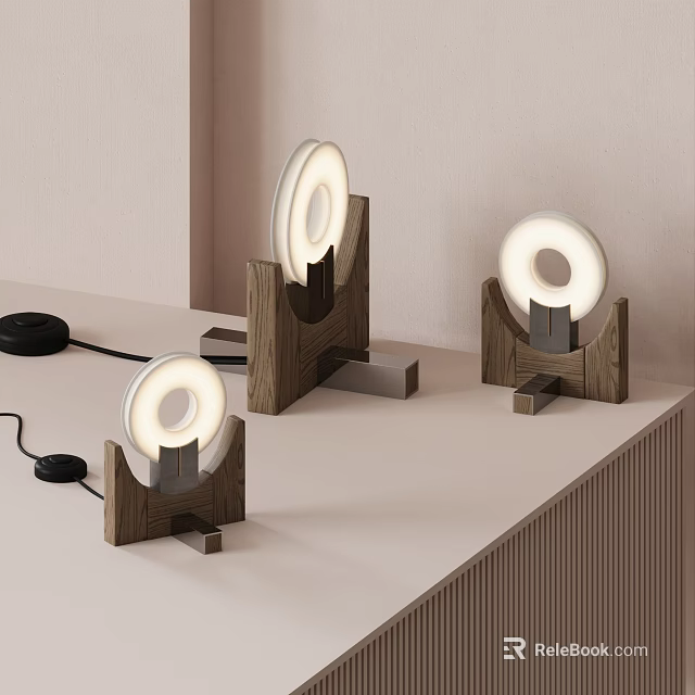 Modern Minimalist Table Lamps with Wooden Base and Illuminated Ring Light Design 3d model 
