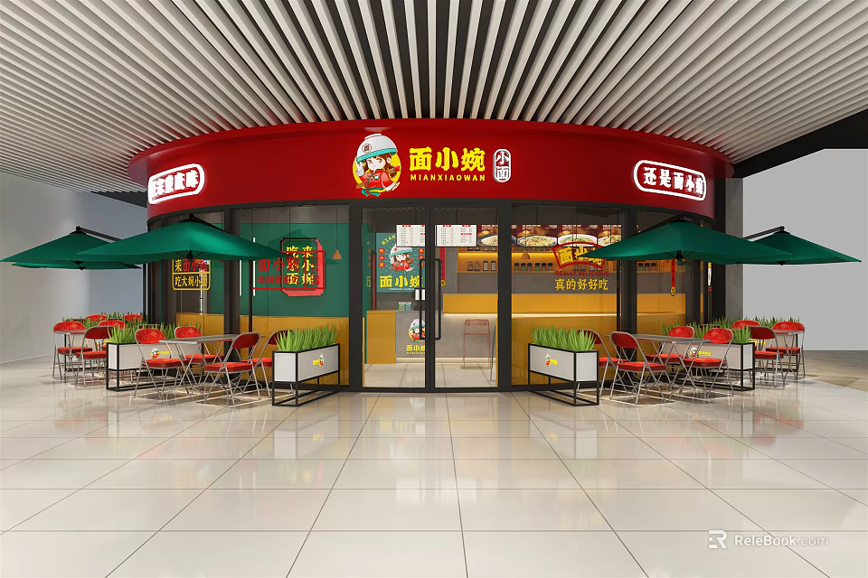 Noodle Restaurant Exterior With Red Signboard Green Umbrellas And Outdoor Tables 3d model 
