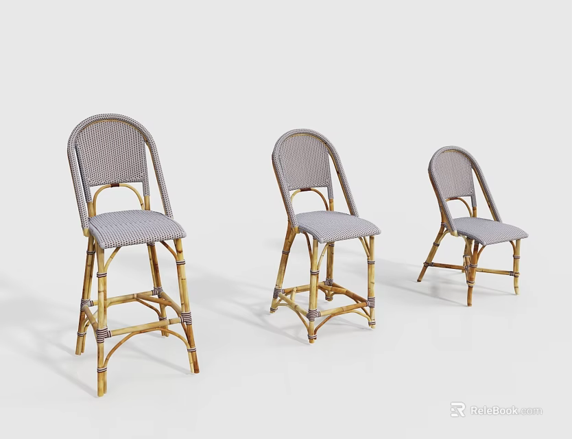 Stylish Rattan Bar Stools With Light Gray Seats And Golden Frames For Home Decor 3d model 