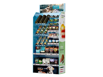 Multi tier Pet Supplies Display Shelf with Various Products and Advertising Poster 3d model