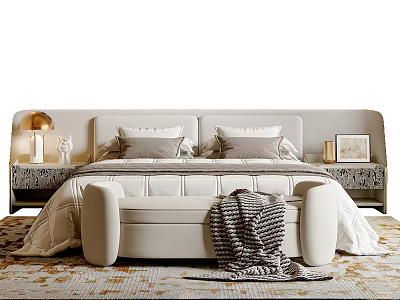 Double Bed with Beige Headboard Pillows Footstool Nightstands Table Lamp and Blanket 3d model