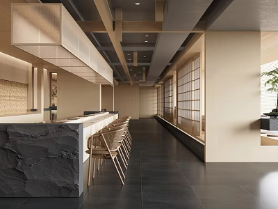 Modern Open Restaurant Interior With Wooden Bar Counter Stone Top Benches And Dark Flooring 3d model