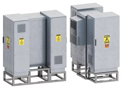 Industrial Equipment Multiple Gray Control Cabinets With Warning Labels And Metal Stands 3d model
