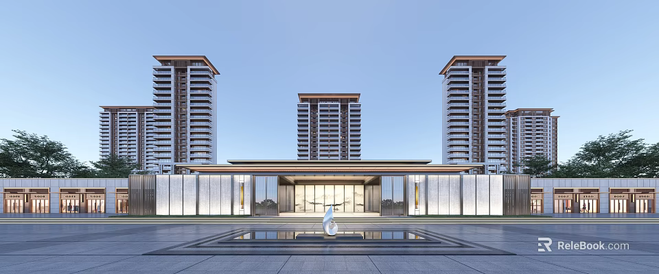 Grand Entrance Gate With Symmetrical Design High Rise Residential Towers And Front Water Feature 3d model 
