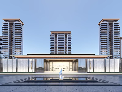 Grand Entrance Gate With Symmetrical Design High Rise Residential Towers And Front Water Feature 3d model