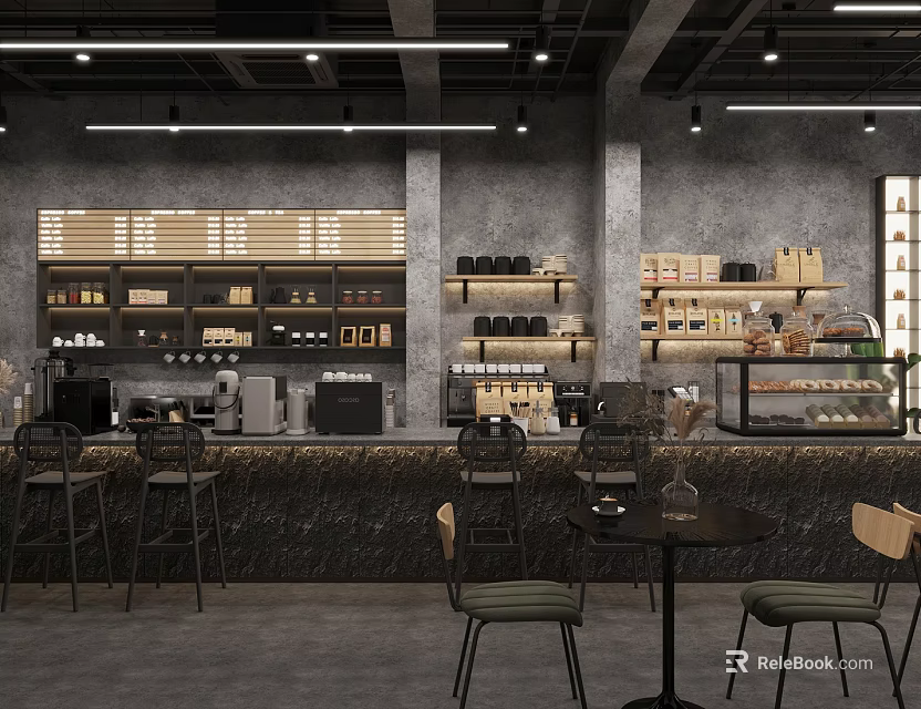 Industrial Style Café Interior Design With Counter Coffee Equipment And Pastry 3d model 
