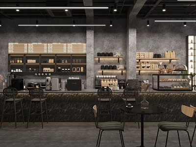Industrial Style Café Interior Design With Counter Coffee Equipment And Pastry 3d model