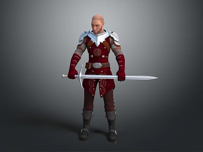 Bald Headed Game and Movie Character Wearing Red and White Armor Holding Long Sword 3d model