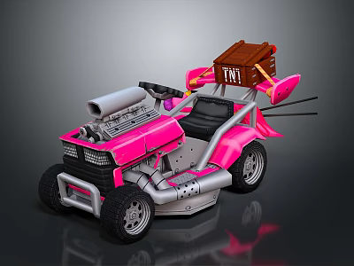 Pink Go Kart With Large Engine Wooden TNT Box And Black Seat 3d model