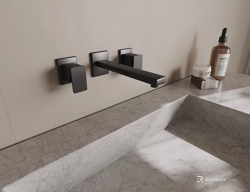 Sleek Black Wall Mounted Faucet in Bathroom with Marble Sink and Toiletries Accessories 3d model 