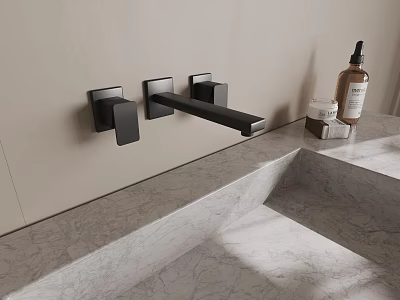 Sleek Black Wall Mounted Faucet in Bathroom with Marble Sink and Toiletries Accessories 3d model