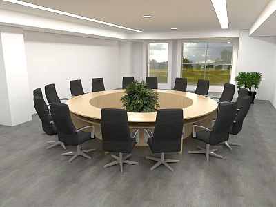 Modern Conference Room Interior With Round Table Black Chairs Indoor Plant And Large Windows 3d model
