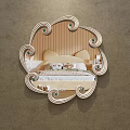 Decorative Mirror With Curved Scroll Frame Reflecting Bedroom Bed And Pillows 3d model
