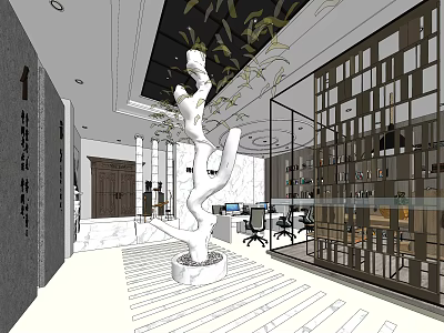 Modern Public Office Space With White Tree Decoration Marble Reception Desk And Glass Partitions 3d model