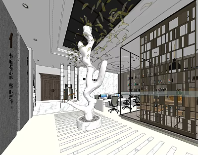 Modern Public Office Space With White Tree Decoration Marble Reception Desk And Glass Partitions 3d model