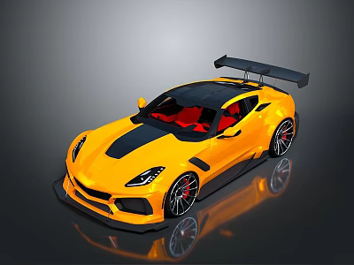 Yellow Sports Car with Black Rear Spoiler Red Interior Black Roof Stripe and Alloy Wheels 3d model