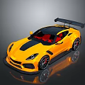 Yellow Sports Car with Black Rear Spoiler Red Interior Black Roof Stripe and Alloy Wheels