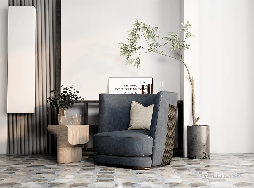 Gray Single Sofa In Modern Interior With Potted Plant And Side Table 3d model