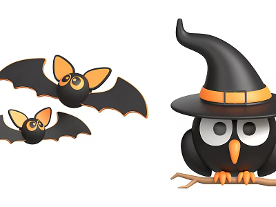 Cute Flying Animals Two Bats and Owl Wearing a Witch Hat Perching on Branch 3d model Cute Flying Animals Two Bats and Owl Wearing a Witch Hat Perching on Branch 3d model