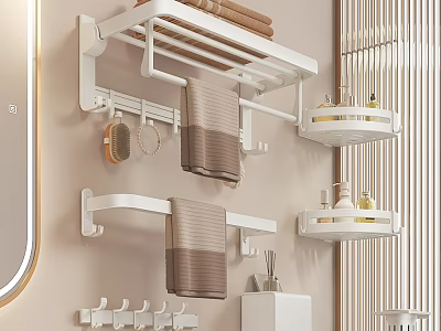 Modern Bathroom Combination With Wall Mounted Shelves Towels Hooks And Toiletries Storage 3d model