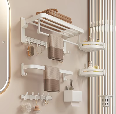 Modern Bathroom Combination With Wall Mounted Shelves Towels Hooks And Toiletries Storage 3d model