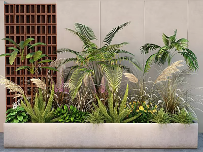 Tropical Plants and Ornamental Grasses in Modern Planter with Lattice Wall Background 3d model