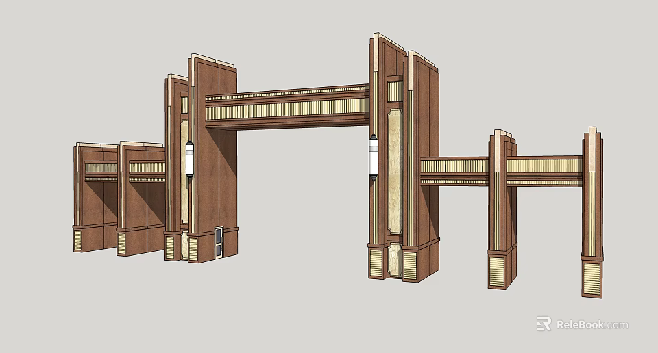 Traditional Chinese Wooden Gate Architectural Design With Symmetrical Pillars And Decorative Beams 3d model 