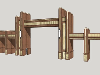 Traditional Chinese Wooden Gate Architectural Design With Symmetrical Pillars And Decorative Beams 3d model