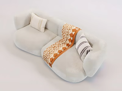 Light Gray Two Seater Sofa with Striped Cushions and Orange White Star Pattern Throw Blanket 3d model